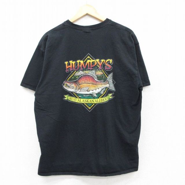 XL★古着 半袖 ビンテージ Tシャツ メンズ 00年代 00s HUMPYS 魚 コットン クルーネック 黒 ブラック 25aug20 中古