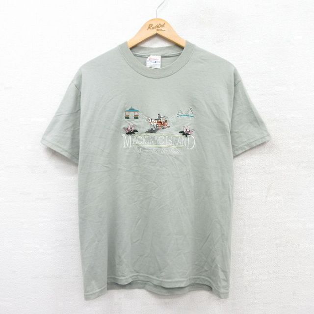 ヘインズ 00s 半袖Tシャツ MACKINAC ISLAND刺繍 グリーン M | 古着