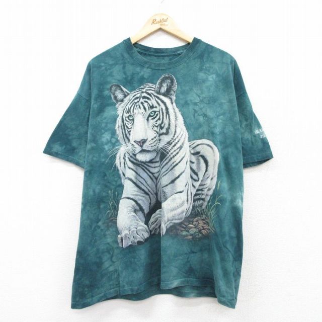 XL★古着 半袖 ビンテージ Tシャツ メンズ 00年代 00s ホワイトタイガー 大きいサイズ コットン クルーネック 青緑他 タイダイ 25aug21 中古