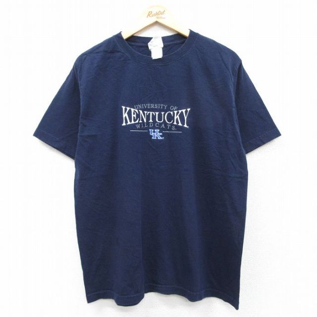 L★古着 半袖 ビンテージ Tシャツ メンズ 00年代 00s ケンタッキーワイルドキャッツ 刺繍 コットン クルーネック 紺 ネイビー 25aug21 中古