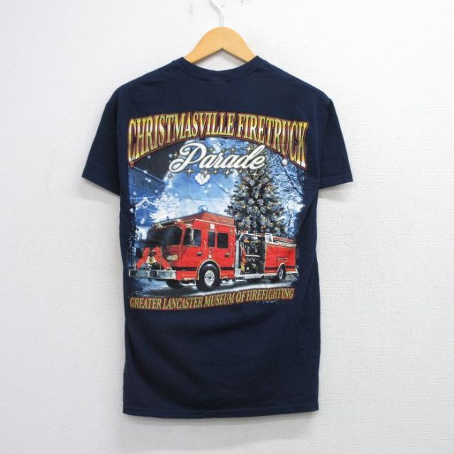 00s 半袖Tシャツ CHRISTMASVILLE FIRETRUCKプリント ネイビー M | 古着