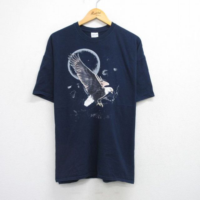 【50%OFF】XL★古着 半袖 ビンテージ Tシャツ メンズ 00年代 00s 鳥 月 大きいサイズ コットン クルーネック 紺 ネイビー 25aug21 中古