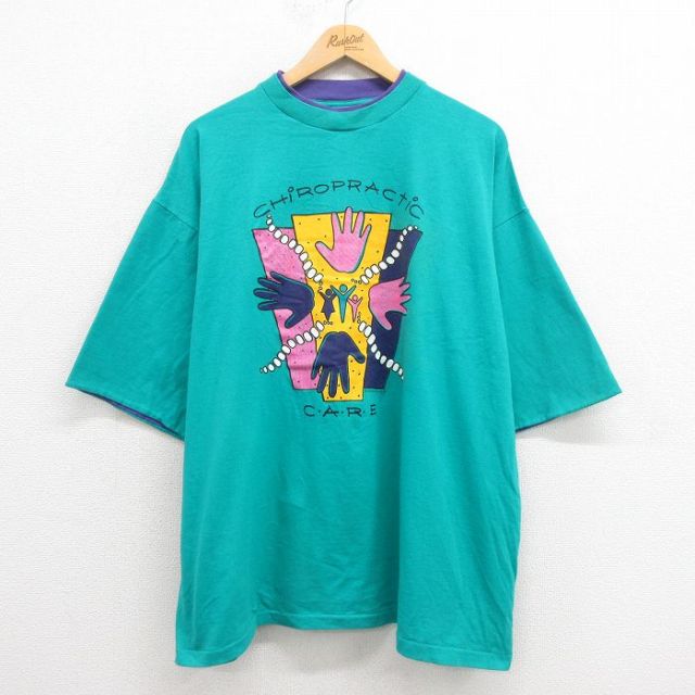 XL★古着 BELTON 半袖 ビンテージ Tシャツ メンズ 90年代 90s 手 大きいサイズ コットン クルーネック USA製 青緑 25aug22 中古