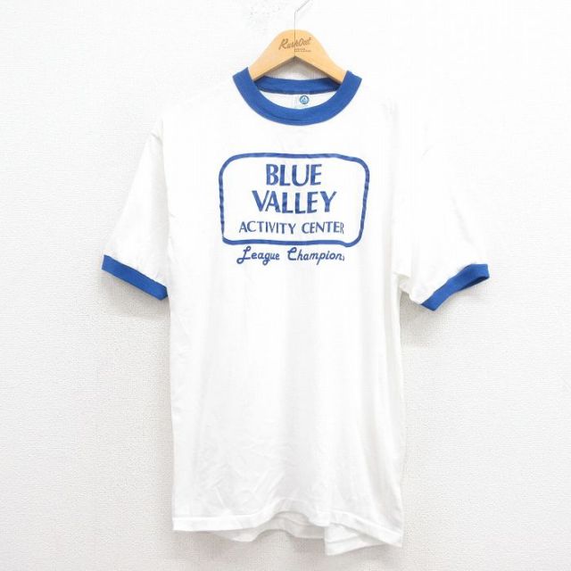 M★古着 ARTEX 半袖 ビンテージ Tシャツ メンズ 80年代 80s BLUE クルーネック USA製 白 ホワイト リンガー 25aug22 中古