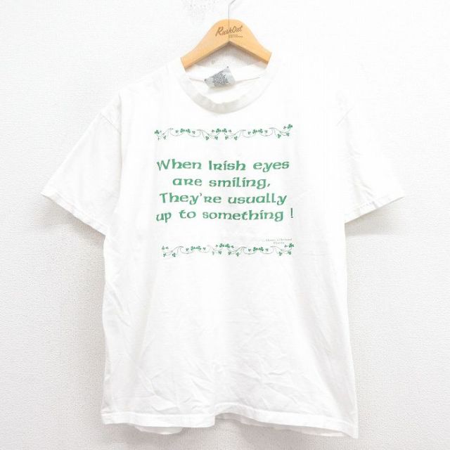【50%OFF】L★古着 リー Lee 半袖 ビンテージ Tシャツ メンズ 90年代 90s メッセージ コットン クルーネック USA製 白 ホワイト 25aug23 中古