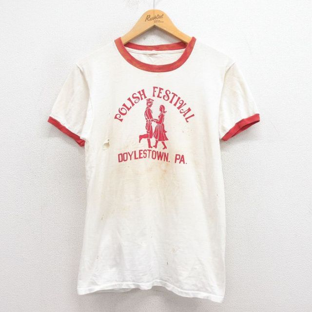 M★古着 半袖 ビンテージ Tシャツ メンズ 70年代 70s POLISH ボロ コットン USA製 白 ホワイト リンガー 25aug23 中古