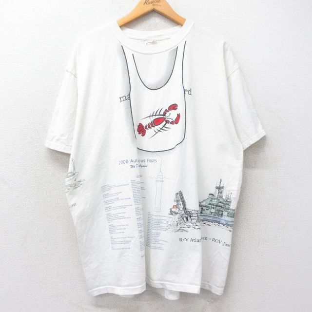 XL★古着 半袖 ビンテージ Tシャツ メンズ 00年代 00s ロブスター 船 マルチ プリント 大きいサイズ コットン クルーネック 白 ホワイト 【spe】 25aug25 中古