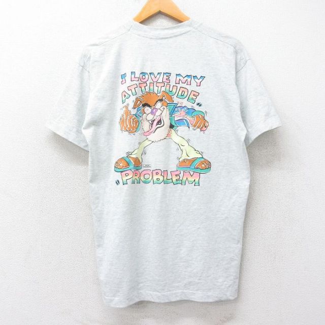 L★古着 スクリーンスターズ 半袖 ビンテージ Tシャツ メンズ 90年代 90s 犬 PROBLEM クルーネック USA製 薄グレー 霜降り 25aug25 中古
