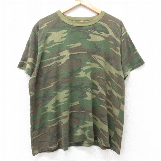 【50%OFF】XL★古着 半袖 ビンテージ Tシャツ メンズ 80年代 80s ウッドランドカモ 大きいサイズ クルーネック USA製 緑他 グリーン 迷彩 25aug26 中古
