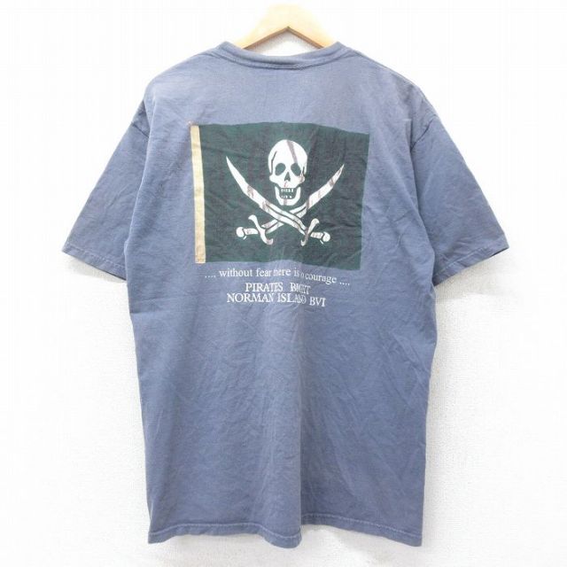 【20%OFF】XL★古着 半袖 ビンテージ Tシャツ メンズ 90年代 90s スカル PIRATES BIGHT コットン クルーネック USA製 紺系 ネイビー 25aug26 中古