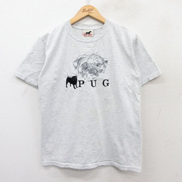 【50%OFF】00s 半袖Tシャツ 犬パグ刺繍 グレー S | 古着