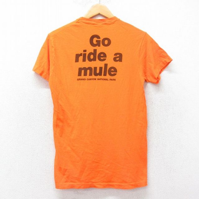 【50%OFF】S★古着 ヘインズ Hanes 半袖 ビンテージ Tシャツ メンズ 80年代 80s ride mule 染込プリント コットン クルーネック USA製 オレンジ 25aug26 中古