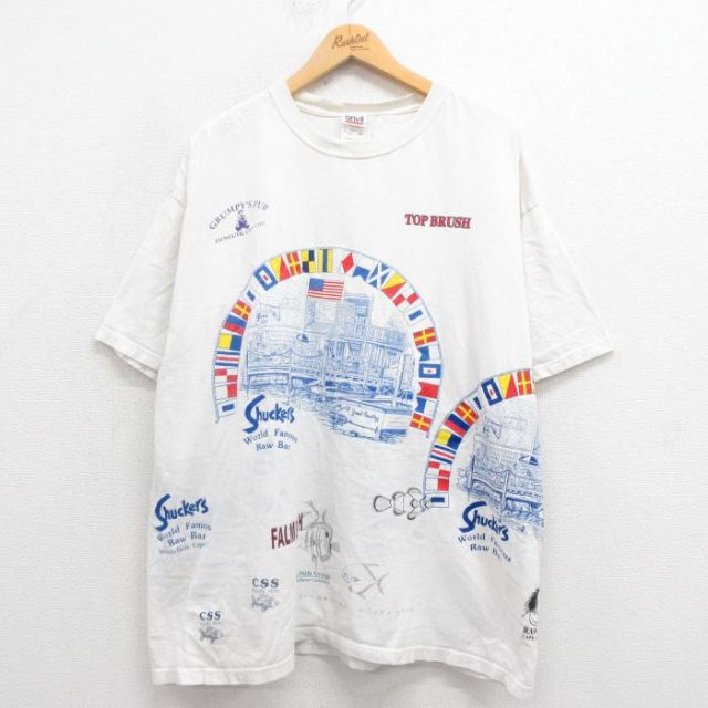 XL★古着 半袖 ビンテージ Tシャツ メンズ 00年代 00s Shuckers マルチプリント 大きいサイズ コットン クルーネック 白 ホワイト 【spe】 25aug26 中古
