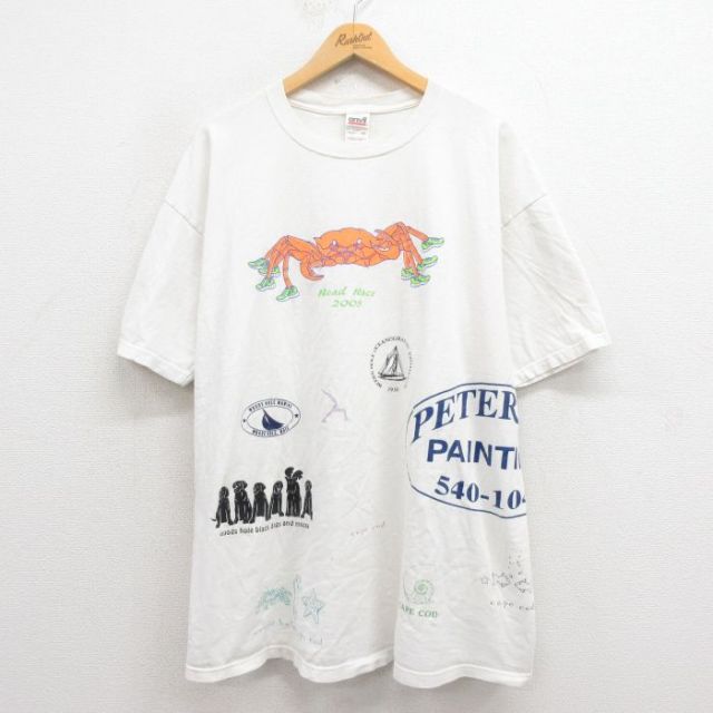 XL★古着 半袖 ビンテージ Tシャツ メンズ 00年代 00s カニ マルチプリント 大きいサイズ コットン クルーネック 白 ホワイト 25aug26 中古