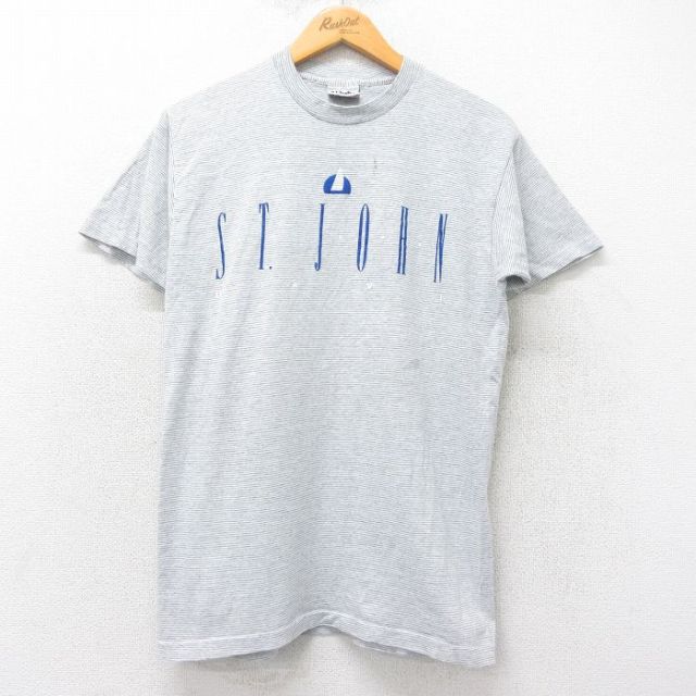 【50%OFF】M★古着 半袖 ビンテージ Tシャツ メンズ 90年代 90s ST JOHN コットン クルーネック USA製 グレー他 ボーダー 25aug27 中古