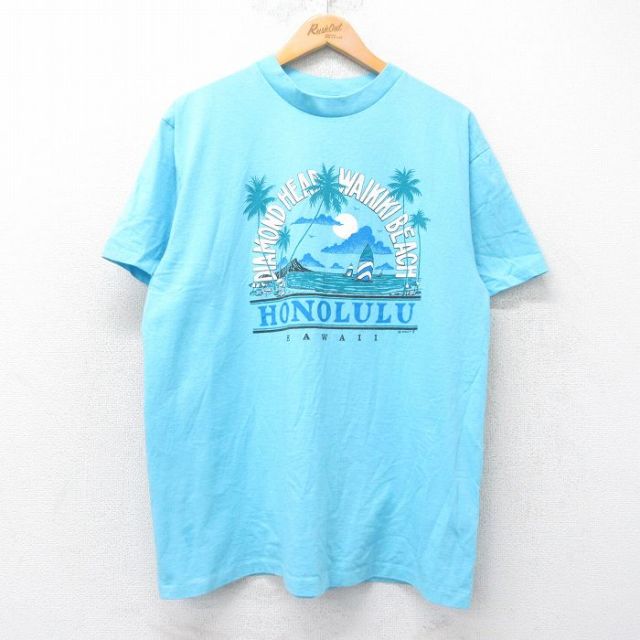 【50%OFF】XL★古着 半袖 ビンテージ Tシャツ メンズ 90年代 90s ホノルル ビーチ コットン クルーネック 水色 25aug27 中古
