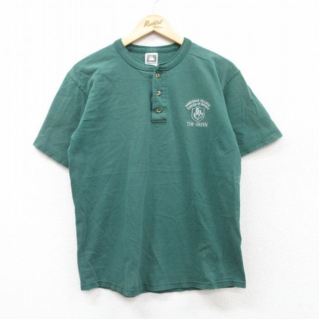 【50%OFF】M★古着 半袖 ビンテージ Tシャツ メンズ 00年代 00s THE GREEN コットン ヘンリーネック 緑 グリーン 25aug27 中古