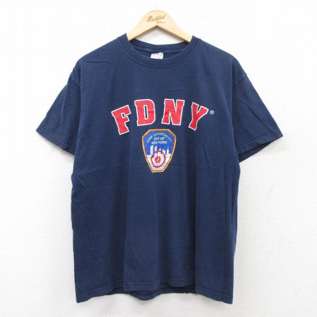 L★古着 半袖 ビンテージ Tシャツ メンズ 00年代 00s 消防署 コットン クルーネック 紺 ネイビー 25aug27 中古