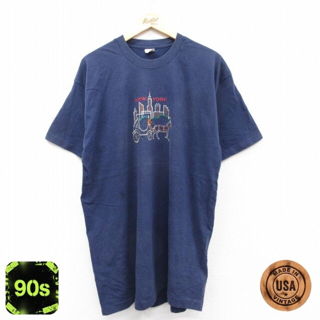 【50%OFF】フルーツオブザルーム 90s 半袖Tシャツ ニューヨーク刺繍 ネイビー XL | 古着