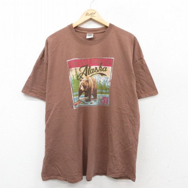 【50%OFF】XL★古着 半袖 ビンテージ Tシャツ メンズ 00年代 00s アラスカ クマ 大きいサイズ コットン クルーネック 茶 ブラウン 25aug27 中古