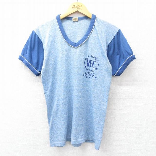 【50%OFF】S★古着 ラッセル 半袖 ビンテージ Tシャツ メンズ 70年代 70s REC スタッフ Vネック 青 ブルー 霜降り 【spe】 25aug27 中古