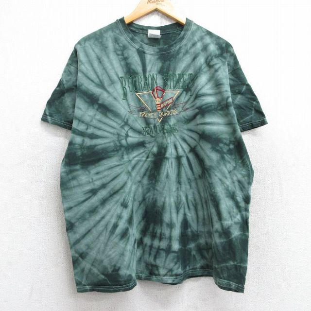 00s 半袖Tシャツ バーボンストリート刺繍 グリーンタイダイ XL | 古着