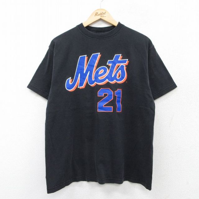 【50%OFF】L★古着 マジェスティック 半袖 ビンテージ Tシャツ メンズ 00年代 00s MLB ニューヨークメッツ ビルパルシファー 21 コットン クルーネック 黒 ブラック メジャーリーグ ベースボール 野球 25aug28 中古
