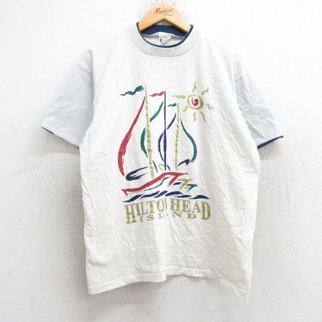 【50%OFF】L★古着 半袖 ビンテージ Tシャツ メンズ 90年代 90s ヨット ヒルトンヘッドアイランド コットン クルーネック USA製 薄ベージュ系 カーキ 25aug29 中古