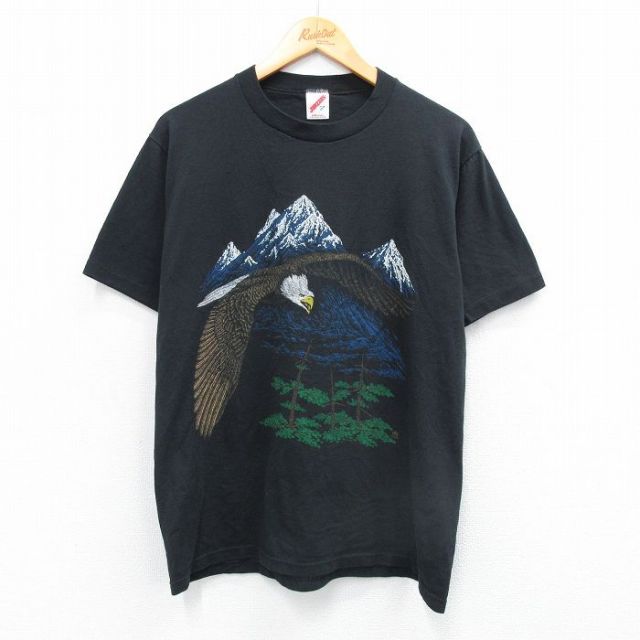 L★古着 ジャージーズ 半袖 ビンテージ Tシャツ メンズ 80年代 80s 鳥 山 クルーネック USA製 黒 ブラック 25aug30 中古
