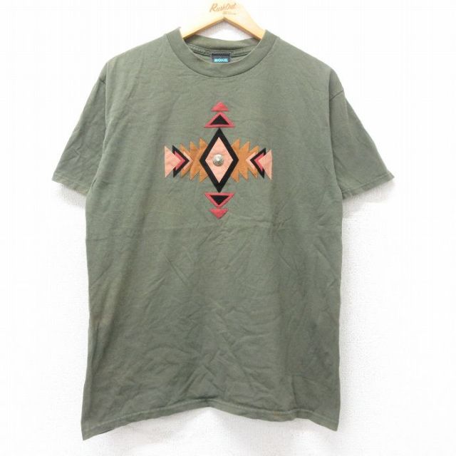 L★古着 半袖 ビンテージ Tシャツ メンズ 00年代 00s ネイティブ柄 ラグ柄 コットン クルーネック 緑 グリーン 25sep01 中古