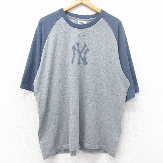 XL★古着 ナイキ NIKE 半袖 ビンテージ Tシャツ メンズ 00年代 00s MLB ニューヨークヤンキース 染込プリント ラグラン 大きいサイズ クルーネック グレー 霜降り他 メジャーリーグ ベースボール 野球 25sep01 中古