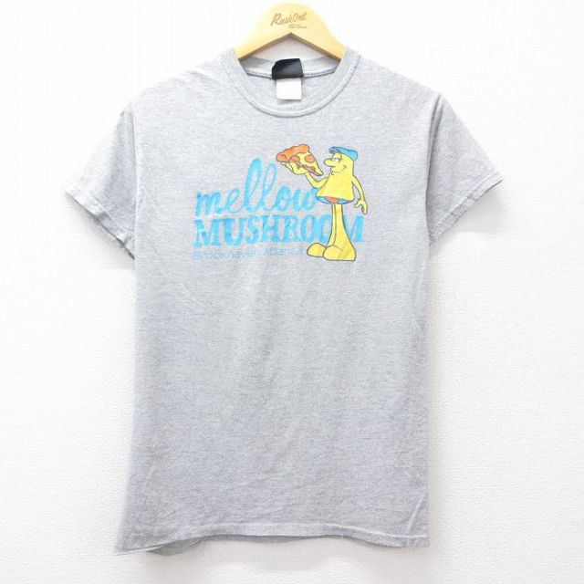 S★古着 半袖 ビンテージ Tシャツ メンズ 00年代 00s mellow マッシュルーム ピザ クルーネック グレー 霜降り 25sep01 中古