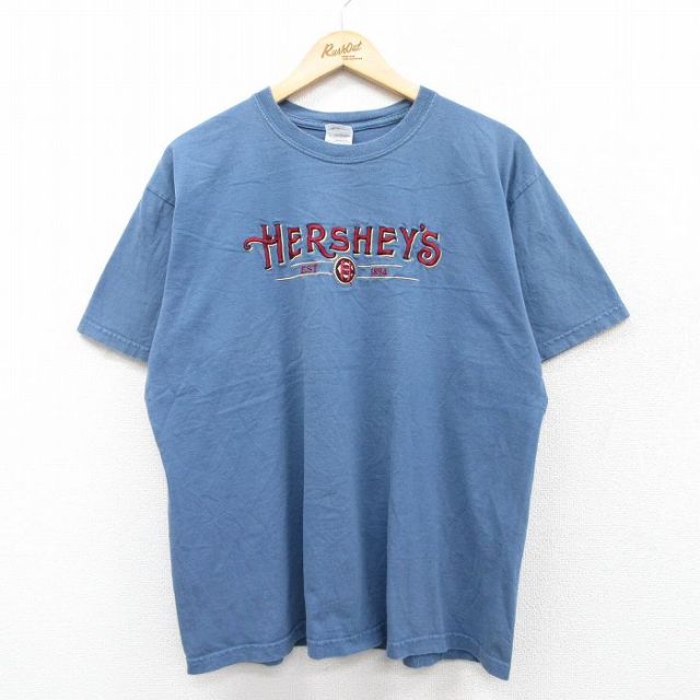 【20%OFF】L★古着 半袖 ビンテージ Tシャツ メンズ 00年代 00s ハーシーズ 刺繍 コットン クルーネック 薄紺 ネイビー 25sep01 中古