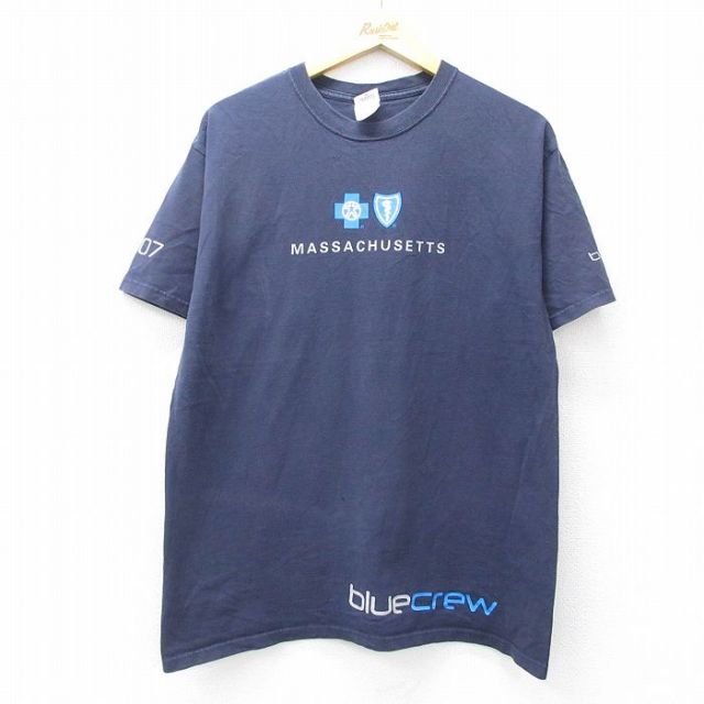 【20%OFF】L★古着 半袖 ビンテージ Tシャツ メンズ 00年代 00s bluecrew マサチューセッツ コットン クルーネック 紺 ネイビー 25sep02 中古