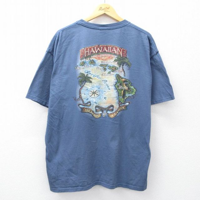 【20%OFF】XL★古着 半袖 ビンテージ Tシャツ メンズ 00年代 00s ハワイ 地図 大きいサイズ コットン クルーネック 紺系 ネイビー 25sep02 中古