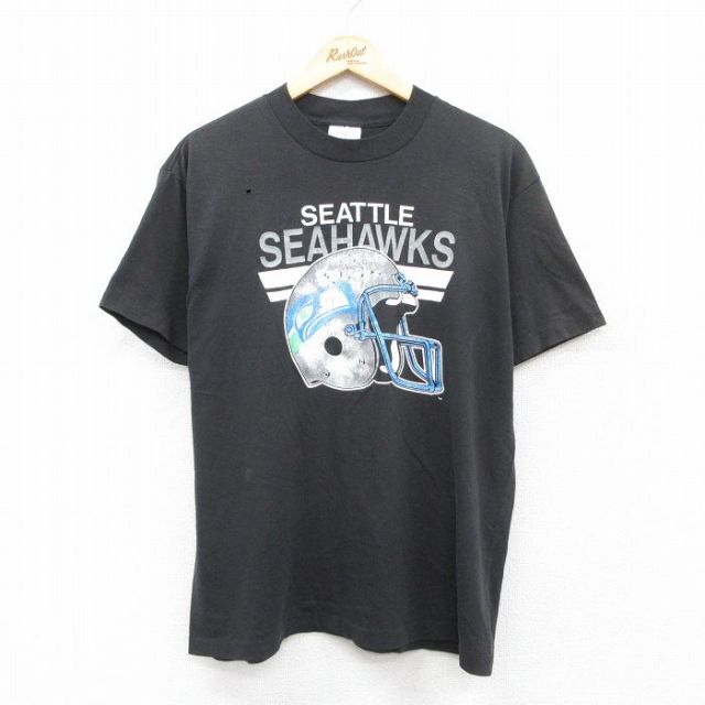 L★古着 半袖 ビンテージ Tシャツ メンズ 80年代 80s NFL シアトルシーホークス クルーネック USA製 黒 ブラック アメフト スーパーボウル 25sep03 中古