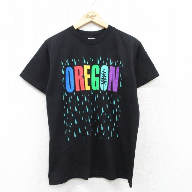 M★古着 半袖 ビンテージ Tシャツ メンズ 00年代 00s OREGON 雨 コットン クルーネック USA製 黒 ブラック 25sep03 中古
