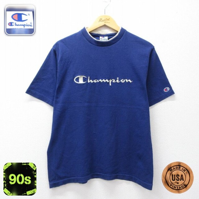 【20%OFF】チャンピオン 90s 半袖Tシャツ ビッグロゴ ネイビー メンズM相当 | 古着