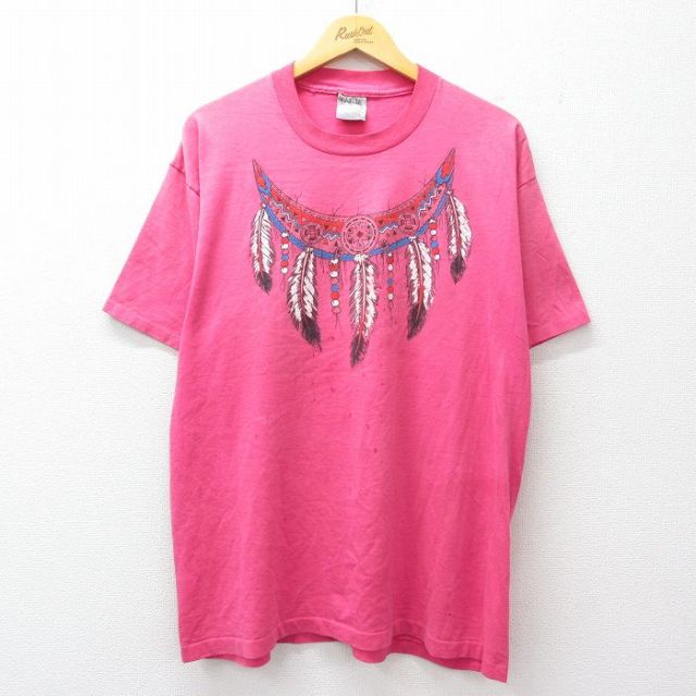 オニータ 90s 半袖Tシャツ フェザーネックレス ピンク メンズXL相当 | 古着