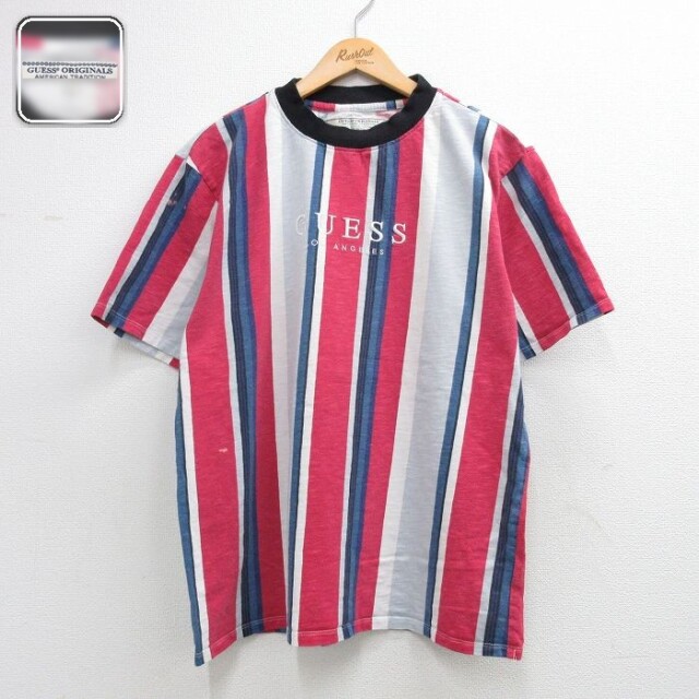 【20%OFF】ゲス XL 半袖Tシャツ ビッグロゴ刺繍 ピンク | 古着