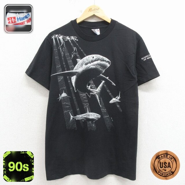 【20%OFF】ヘインズ 90s 半袖Tシャツ サメ ブラック メンズM相当 | 古着
