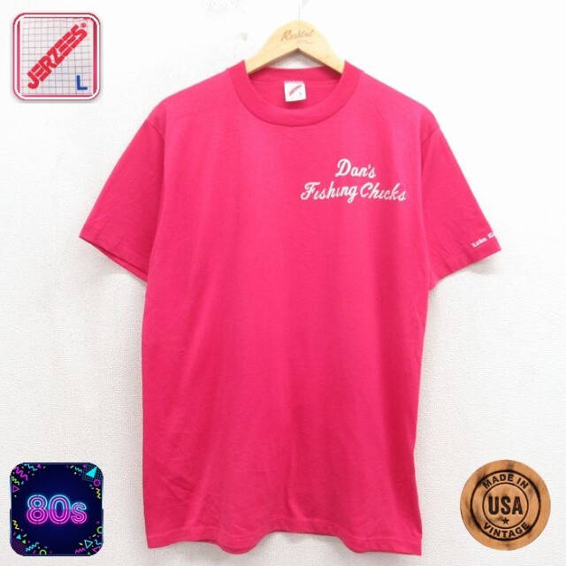 80s 半袖Tシャツ Dans フロッキープリント ピンク メンズL相当 | 古着