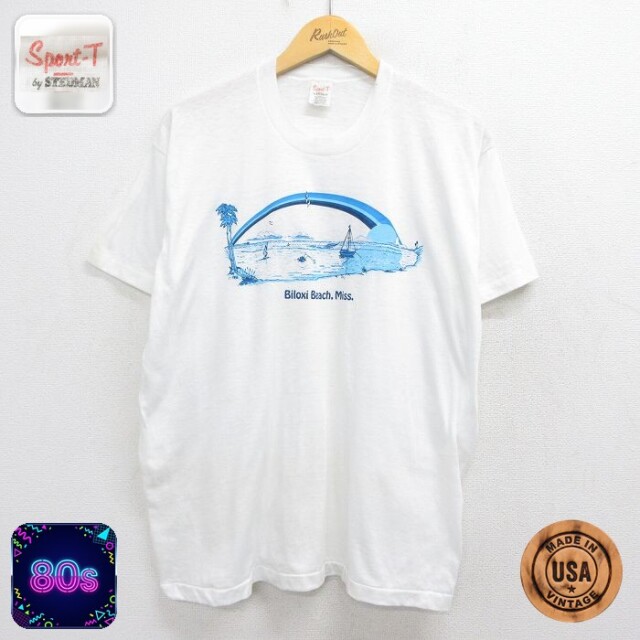80s 半袖Tシャツ Biloxi BeachMARKフロッキープリント ホワイト メンズXL相当 | 古着