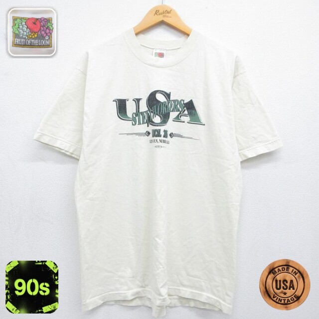 フルーツオブザルーム 90s 半袖Tシャツ STEELWORKERS ホワイト メンズL相当 | 古着