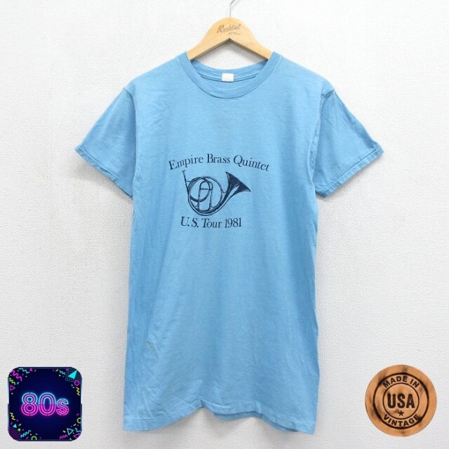 80s 半袖Tシャツ ホルン ライトブルー メンズM相当 | 古着