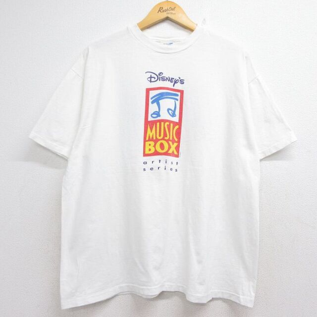ヘインズ 90s 半袖Tシャツ ディズニー MUSIC BOX SPOT LIGHT ホワイト メンズXL相当 | 古着