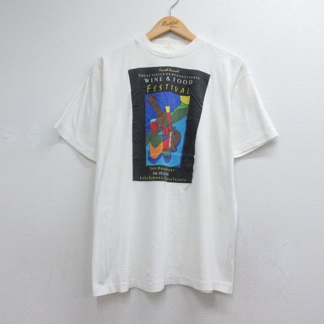 90s 半袖Tシャツ WINE&FOOD FESTIVALアート ホワイト メンズL相当 | 古着