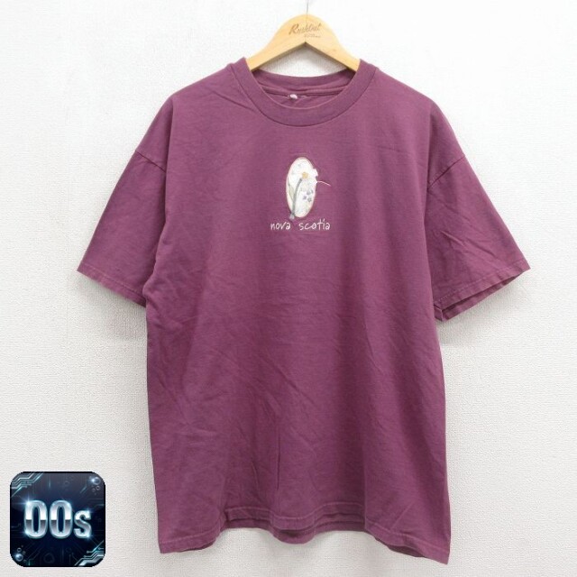 00s 半袖Tシャツ 花刺繍 バーガンディ メンズXL相当 | 古着