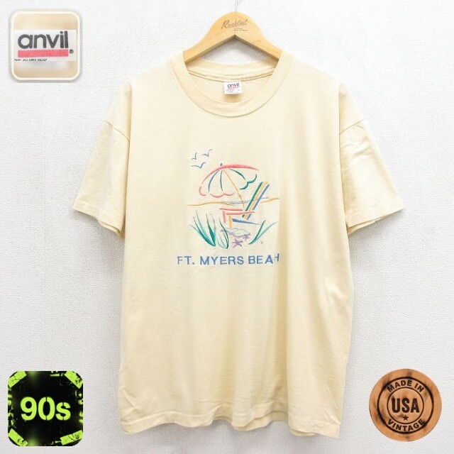 90s 半袖Tシャツ ビーチ刺繍 イエロー メンズXL相当 | 古着