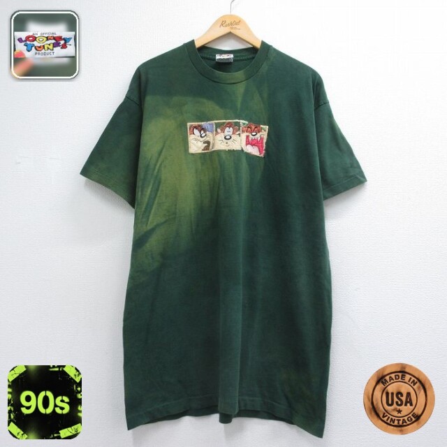 ルーニーテューンズ 90s 半袖Tシャツ タズ刺繍 グリーン メンズXL相当 | 古着